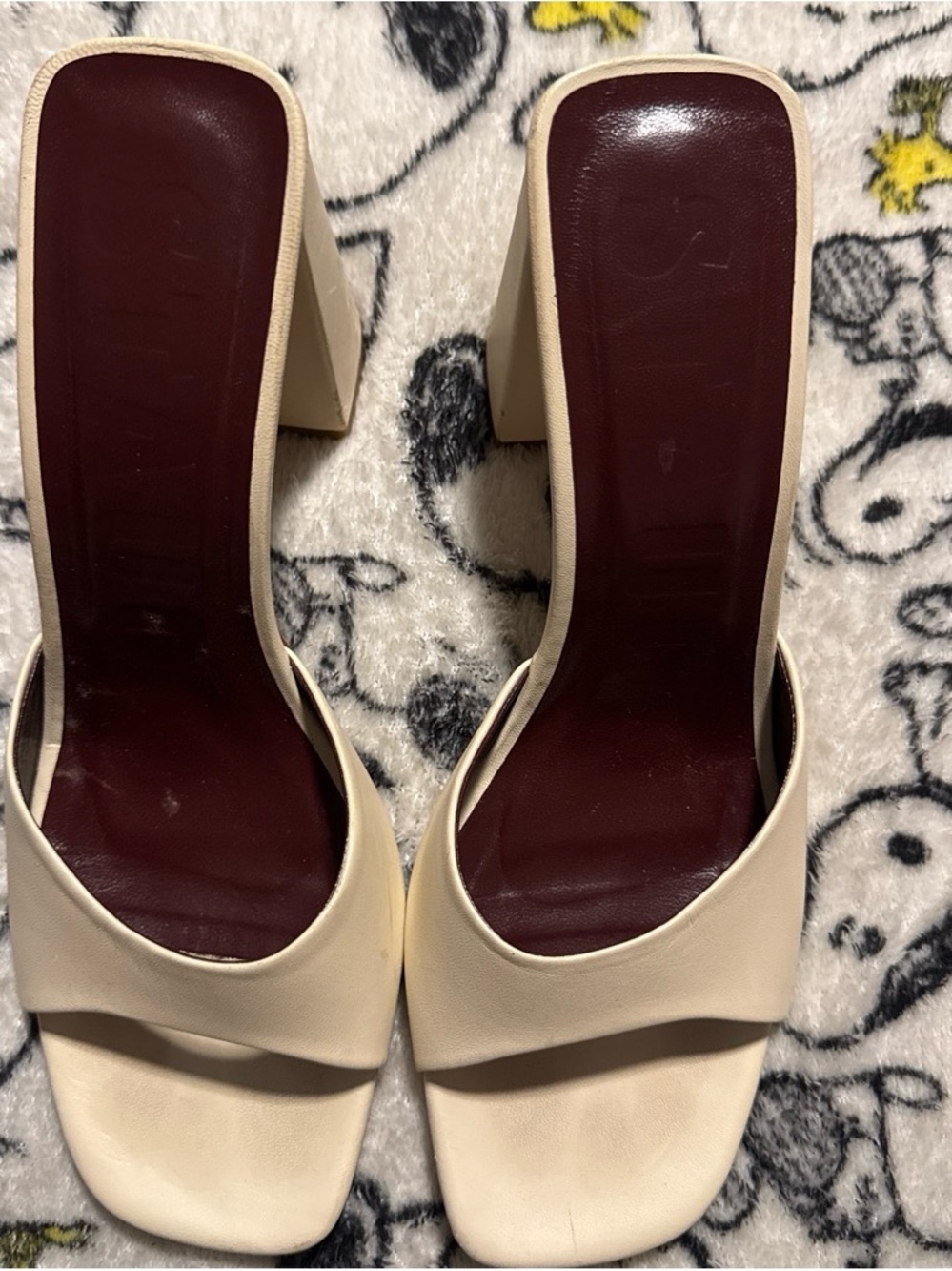 STAUD Cream Square-Toe Block Heel Mules with Burgundy Insole